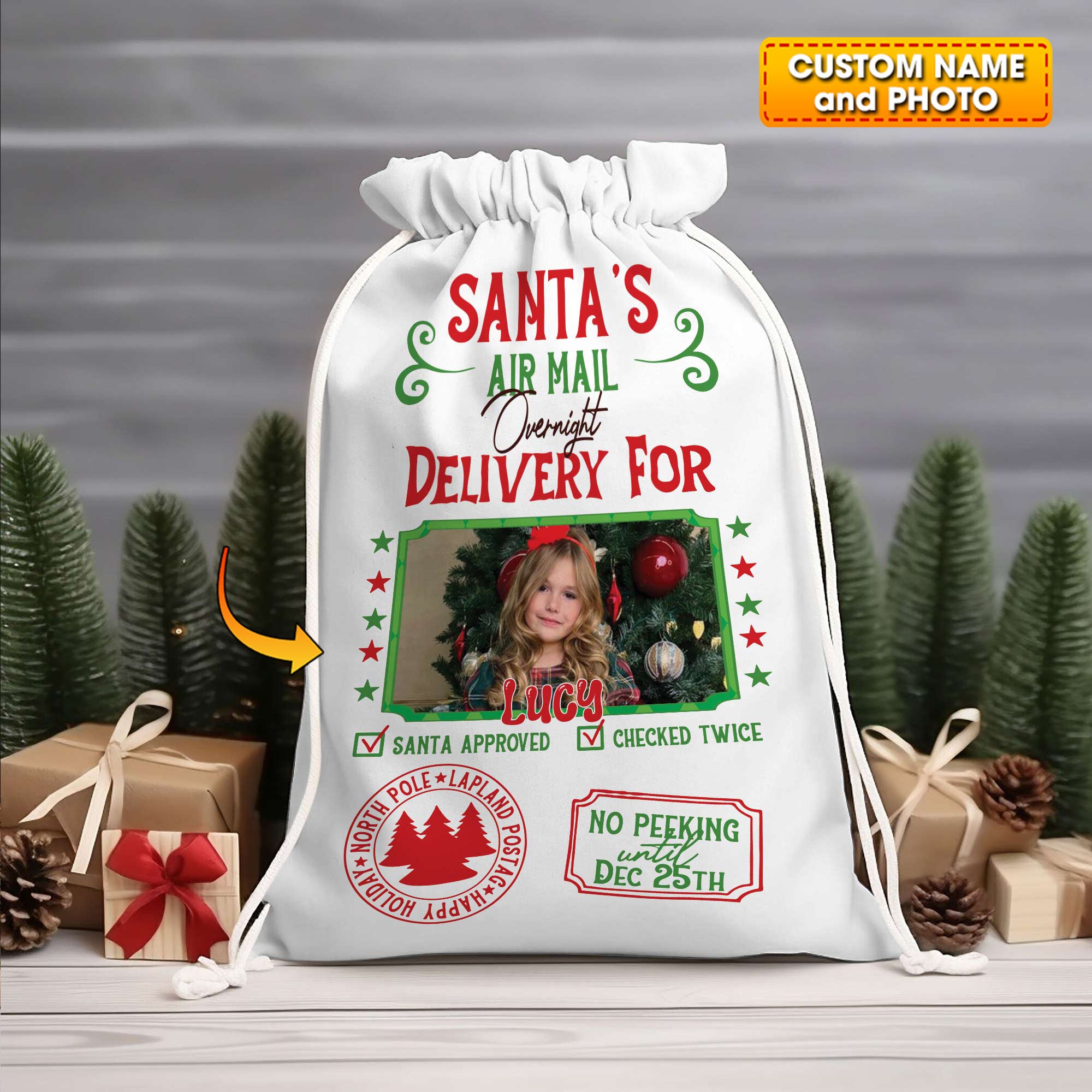 Santa Delivery Custom Photo And Name, Personalized String Bag, Christmas Gift