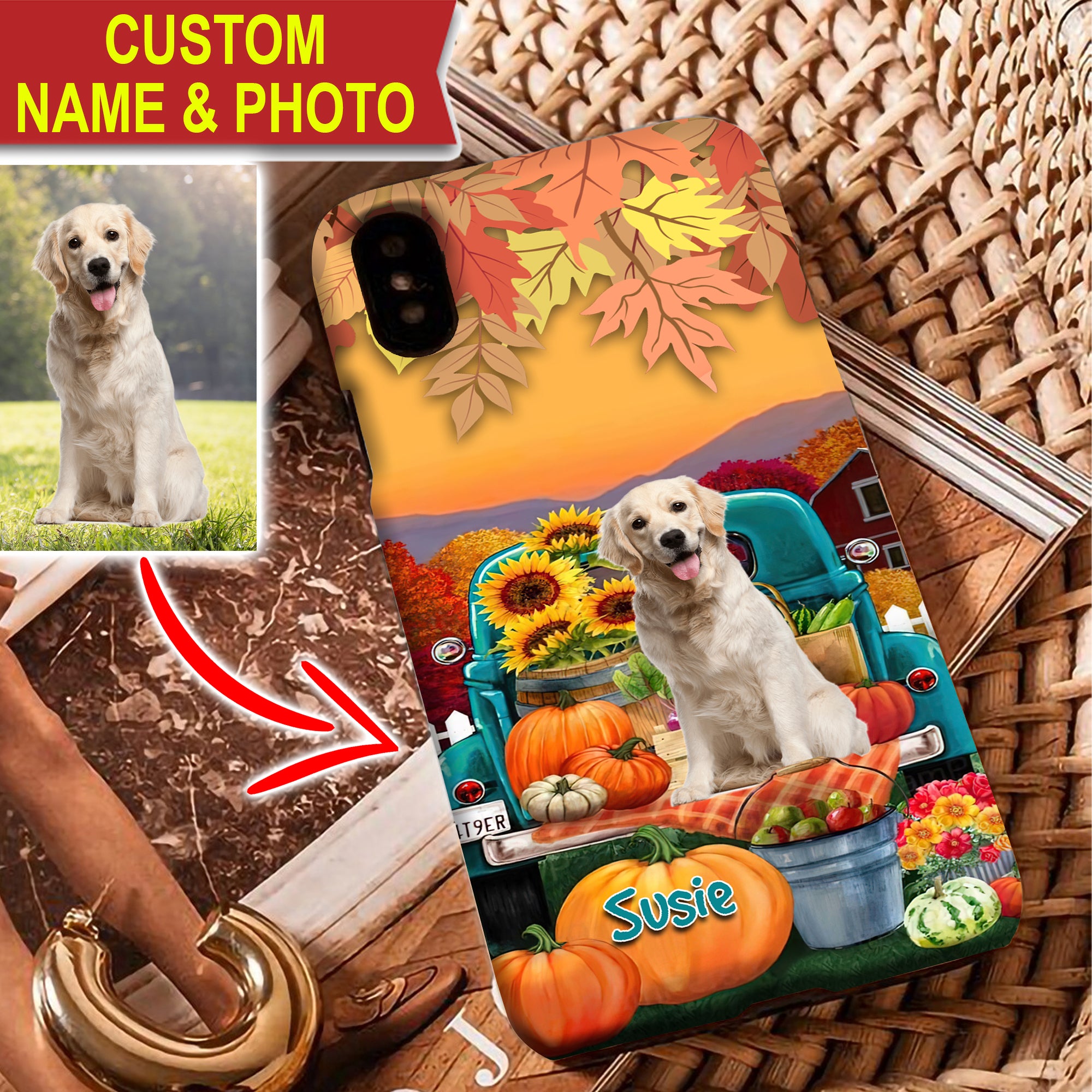 Autumn Dog On Car - Cutie Puppy - Custom Photo And Name - Personalized Phone Case, Gift For Pet Lover