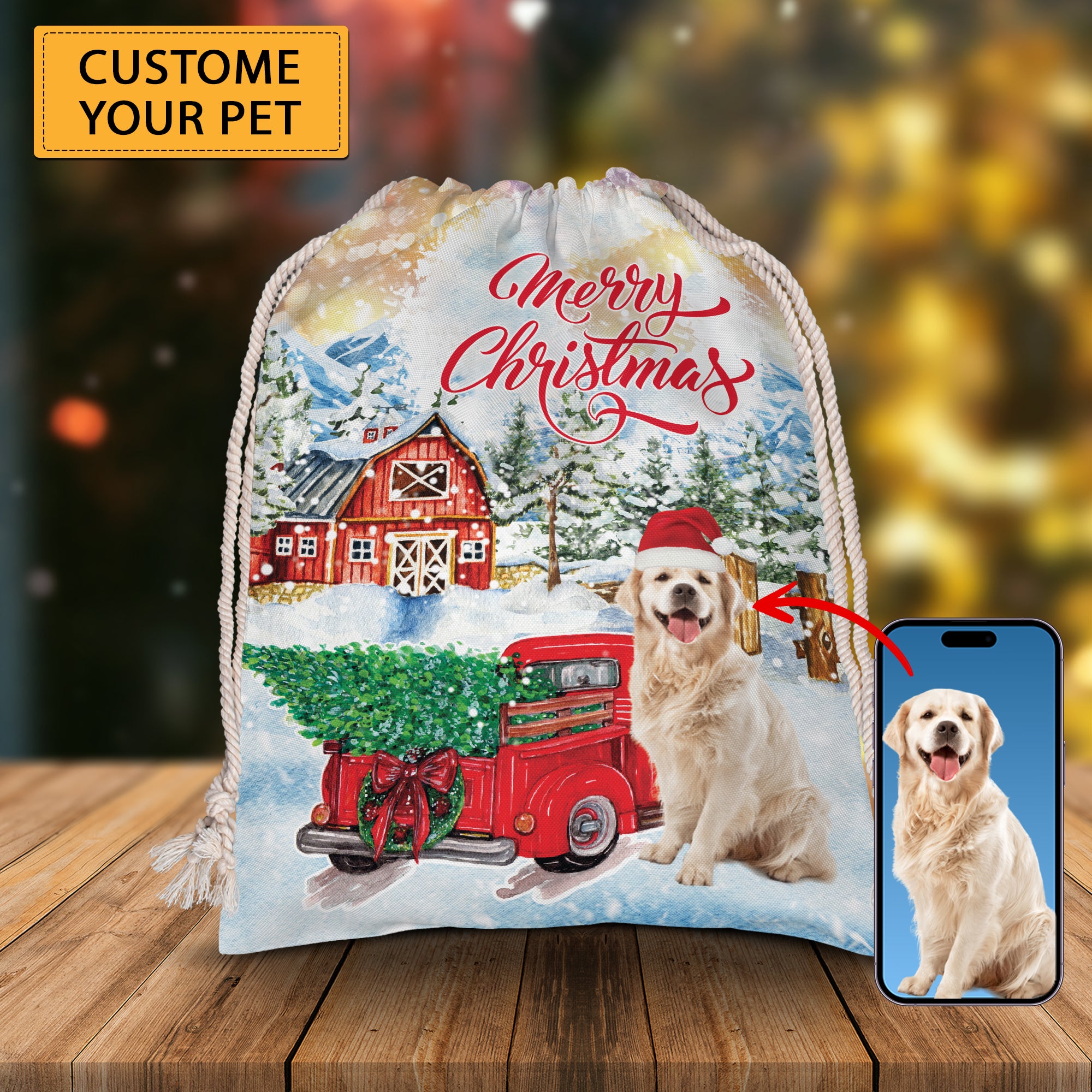 Merry Christmas Pet With Red Car - Custom Photo, Personalized String Bag, Gift For Pet Lover, Christmas Gift