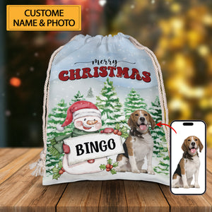 Merry Christmas Pet And Snowman - Personalized String Bag, Christmas Gift, Gift For Pet Lover