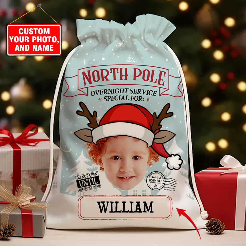 North Pole Overnight Service Custom Photo And Text, Personalized String Bag, Christmas Gift