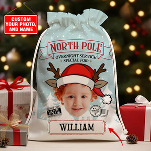 North Pole Overnight Service Custom Photo And Text, Personalized String Bag, Christmas Gift