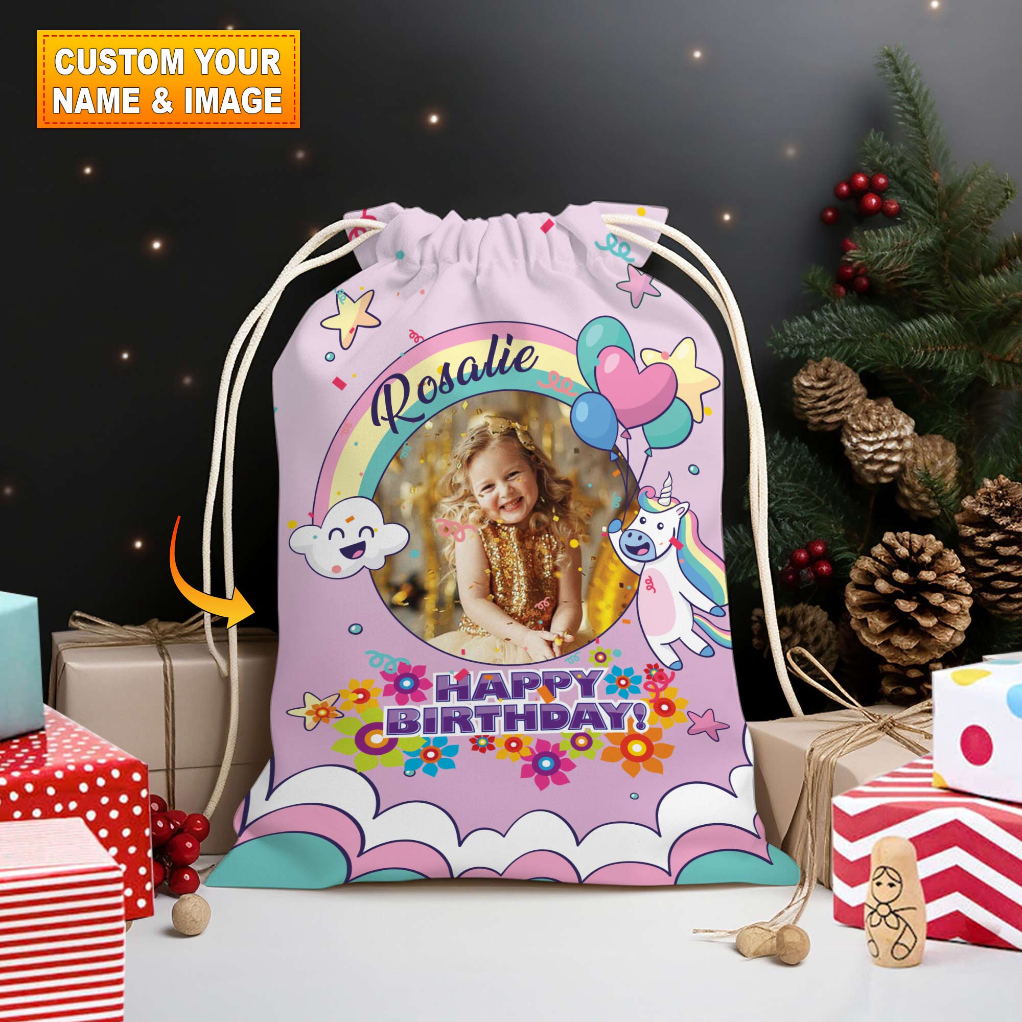 Happy Birthday Party Pink Bag Personalized Christmas String Bag