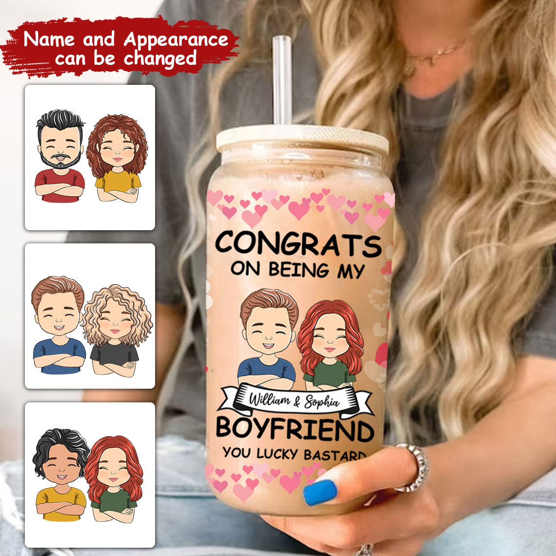 Congrats On Being My Boyfriend - Custom Appearance And Names - Personalized Glass Bottle, Frosted Bottle, Gift For Couple