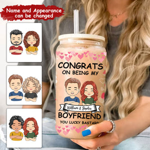 Congrats On Being My Boyfriend - Custom Appearance And Names - Personalized Glass Bottle, Frosted Bottle, Gift For Couple