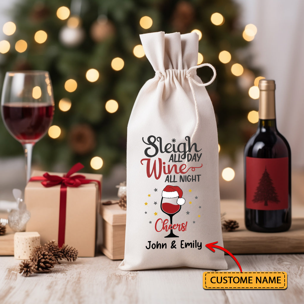 Sleigh All Day Wine All Night - Custom Names, Personalized String Wine Bag, Gift For Pet Lover, Christmas Gift