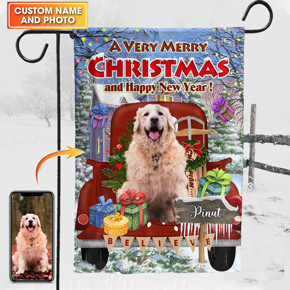 A Very Merry Christmas And Happy New Year - Personalized Pet Photo And Name Flag - Christmas Gift, Gift For Pet Lovers