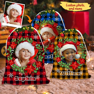 Santa Sack Plaid Pattern Face Photo- Personalized String Bag, Gift For Family, Christmas Gift