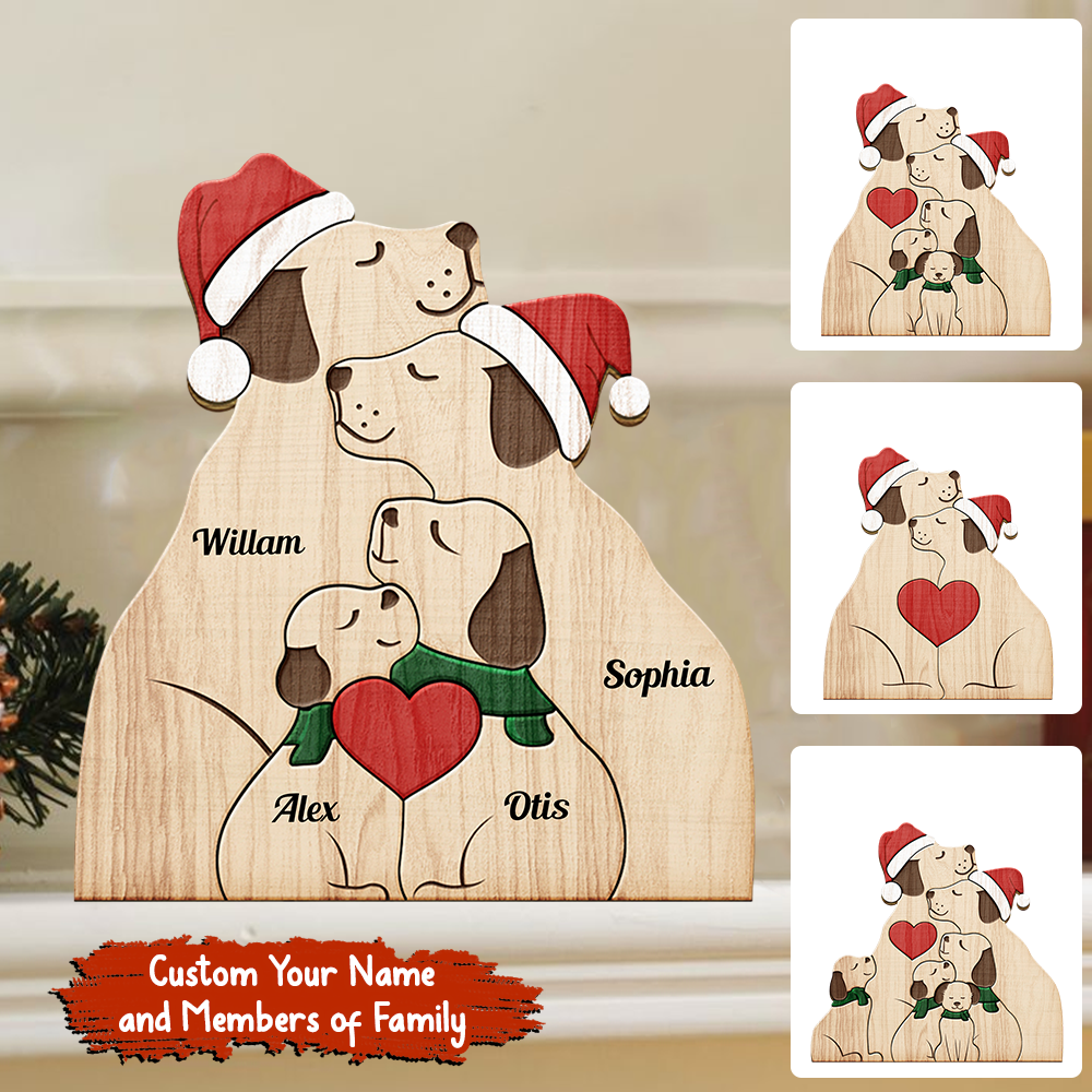 Personalized Wooden Dogs Family Christmas - Puzzle Wooden Dogs Family - Wooden Pet Carvings