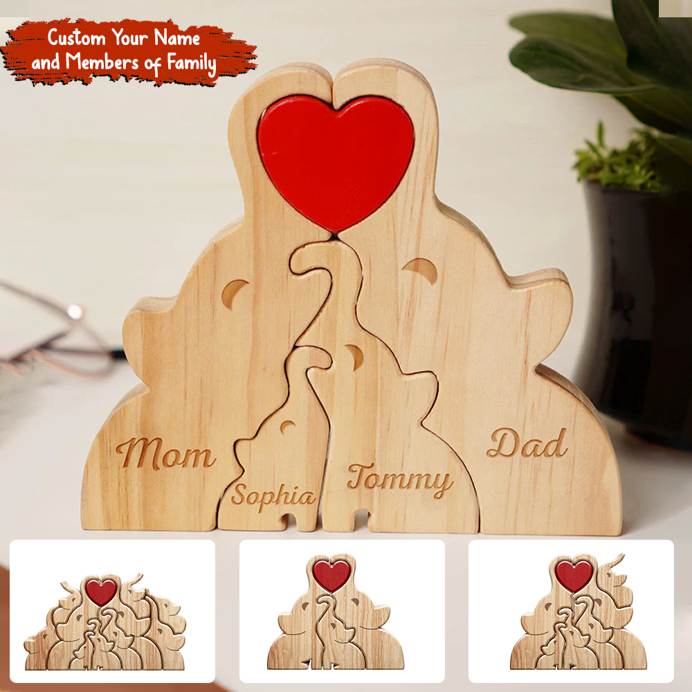 Christmas Personalized Wooden Elephants Family - Puzzle Wooden Elephants Family - Wooden Pet Carvings