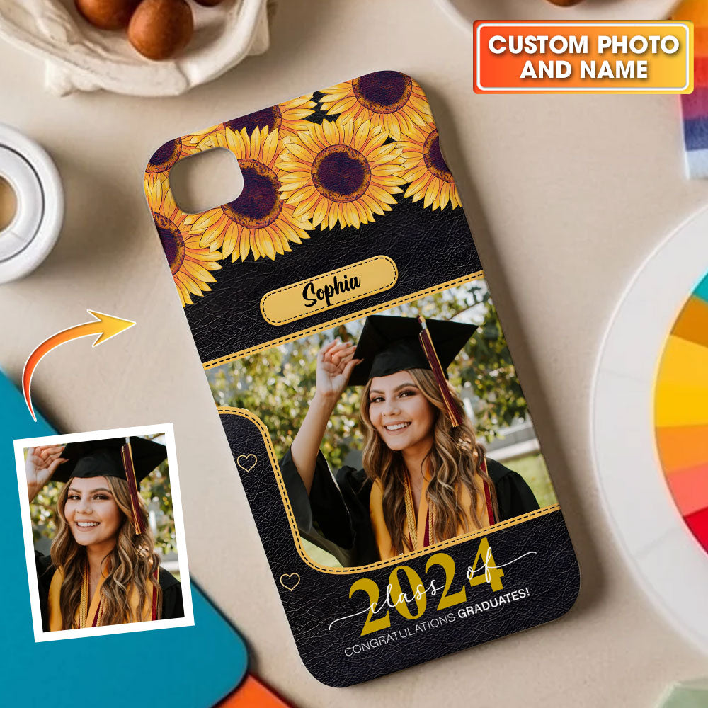 Congratulation Graduated, Sunflowers Custom Photo And Name Graduation Phone Case - Personalized Phone Case, Graduation Gift