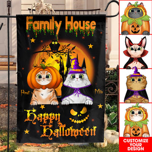 Family House Happy Halloween - Personalized Cat Flag - Halloween Gift - Gift For Cat Lover