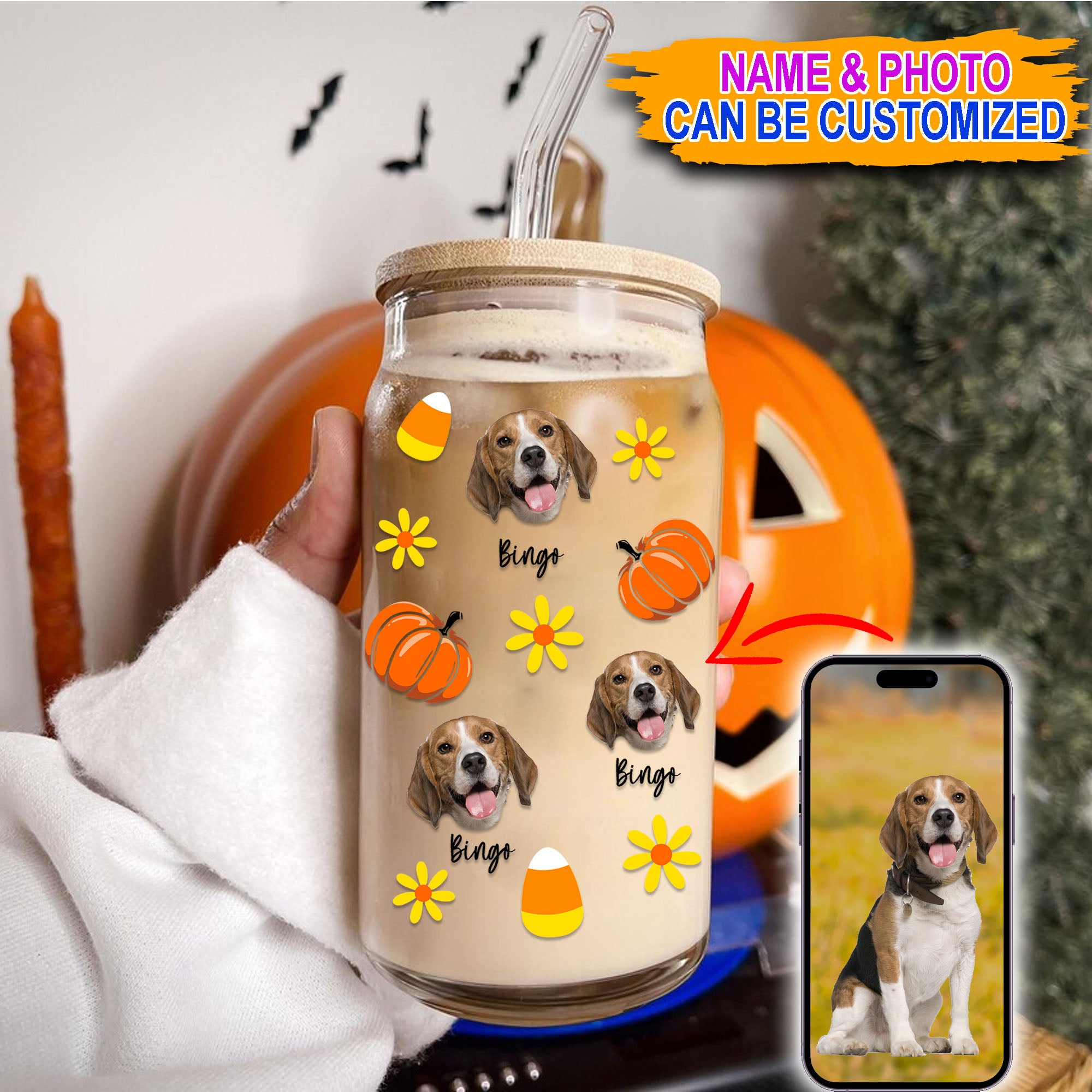 Halloween With Dog - Custom Photo And Name - Personalized Glass Bottle, Frosted Bottle, Gift For Dog Lovers, Halloween Gift