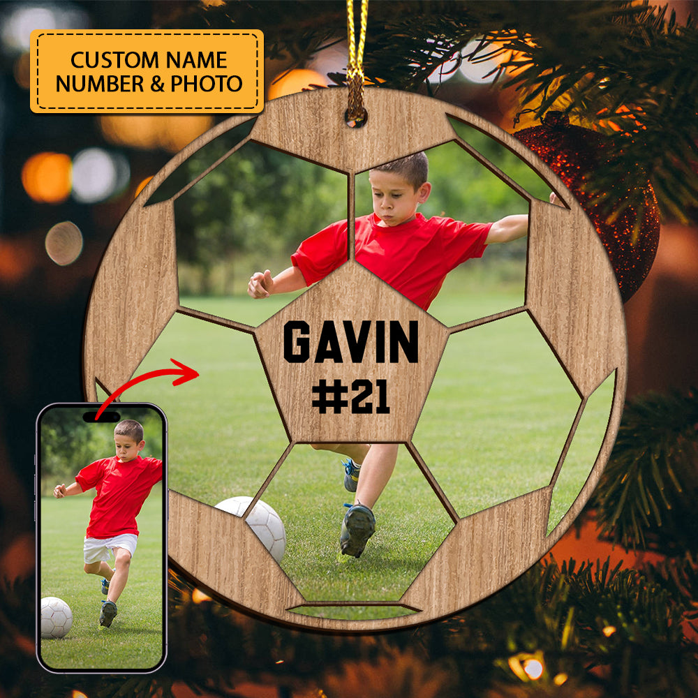 Custom Photo And Name In Ball - Personalized Custom Shaped Wooden Ornament - Gift For Soccer Lover