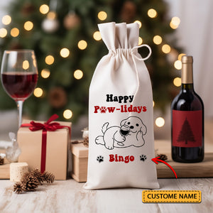 Happy Pawlidays - Custom Dog Name, Personalized String Wine Bag, Christmas Gift, Gift For Pet Lover