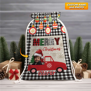 Merry Christmas Car Custom Photo And Name, Personalized String Bag, Christmas Gift