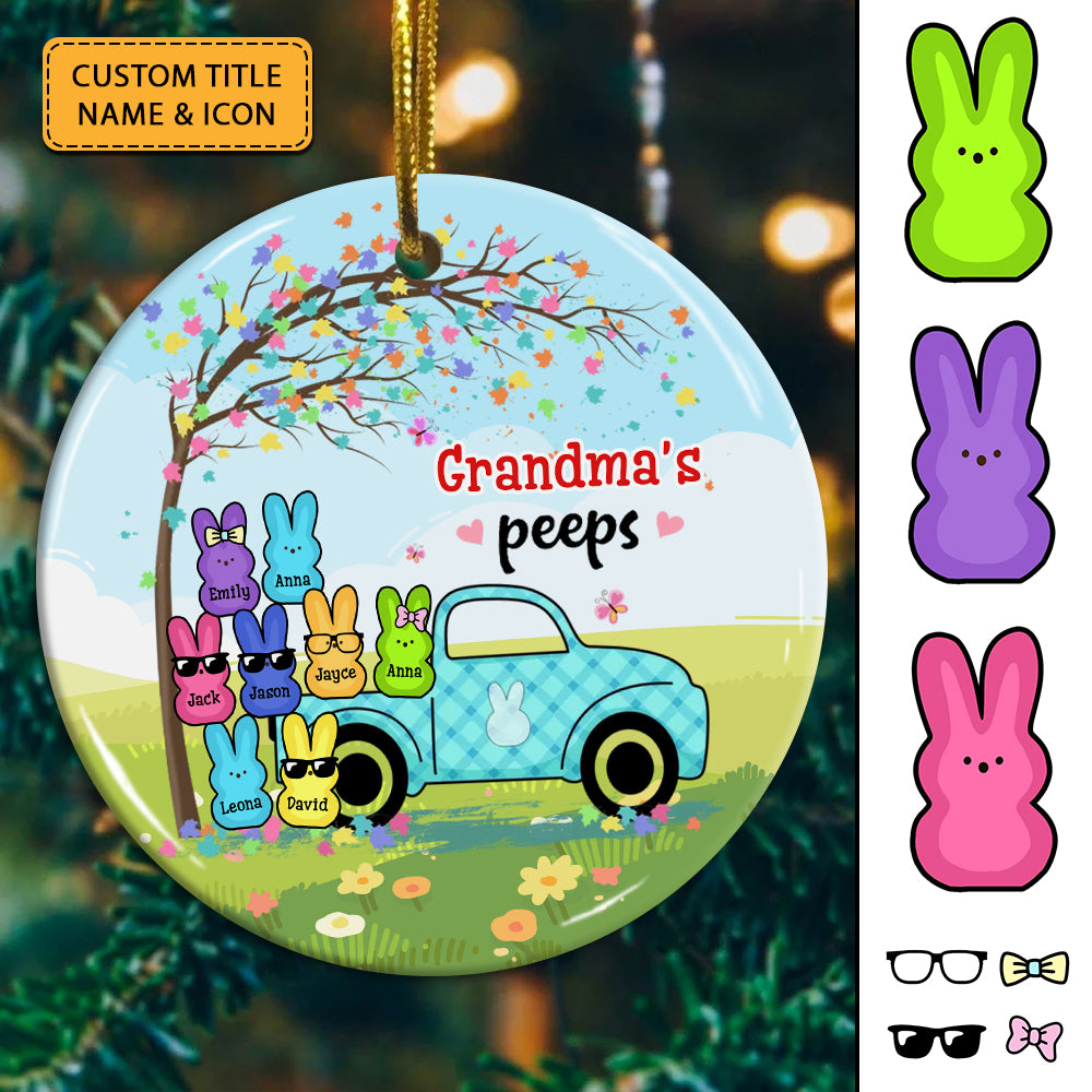 Family Rabbit Peeps And Car, Custom Appearances And Names- Personalized Ceramic Ornament - Gift For Family