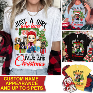 Just A Girl Who Loves Paws And Christmas - Custom Appearance, Pets And Names - Personalized T-Shirt - Gift For Pet Lovers