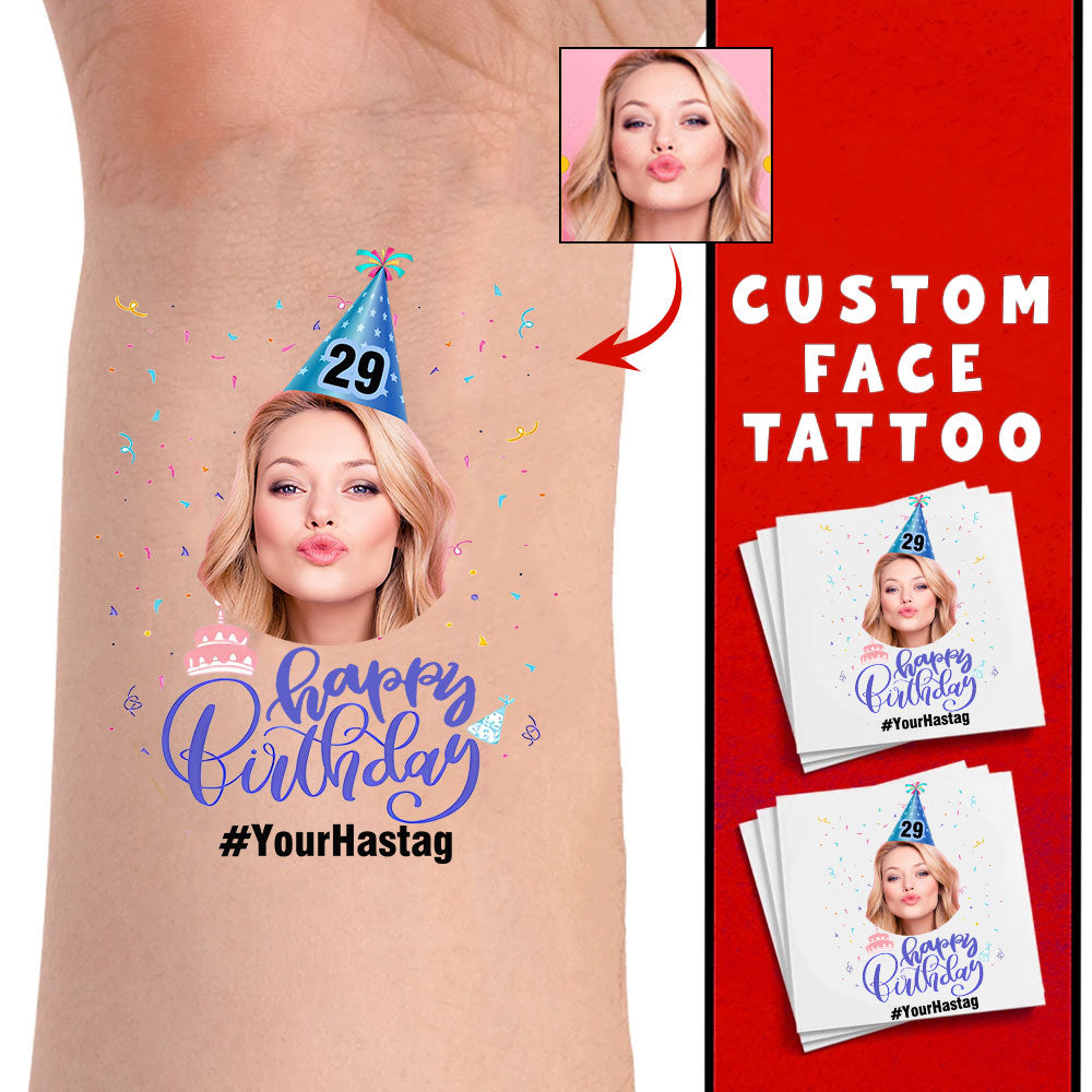 Blue Birthday, Custom Photo And Texts Temporary Tattoo, Personalized Tattoo, Fake Tattoo