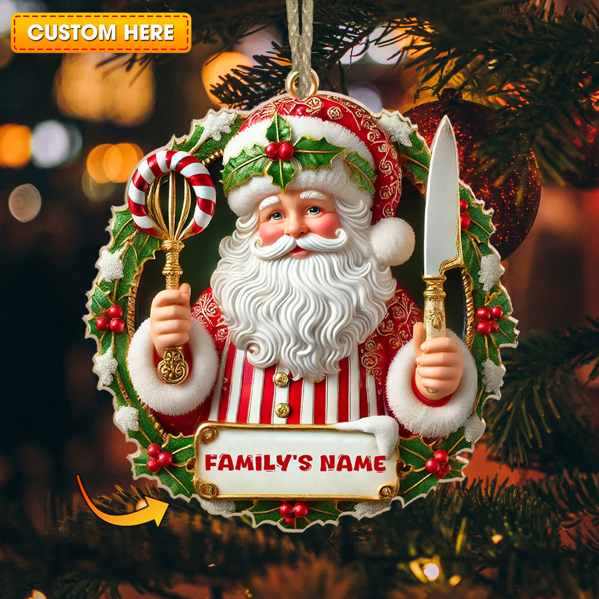 Custom Name Ornament, Christmas Santa Chef