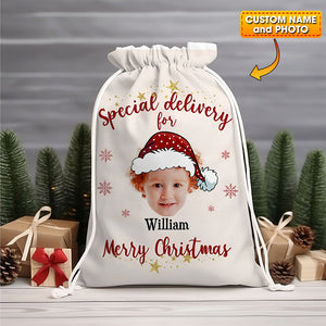 Christmas Special Delivery Custom Photo And Name, Personalized String Bag, Christmas Gift