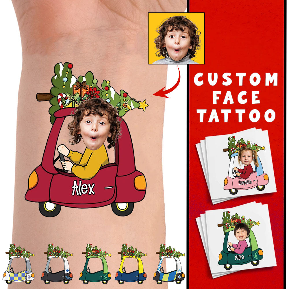 Merry Christmas Kid Riding Car, Custom Photo And Text Temporary Tattoo, Personalized Tattoo, Fake Tattoo