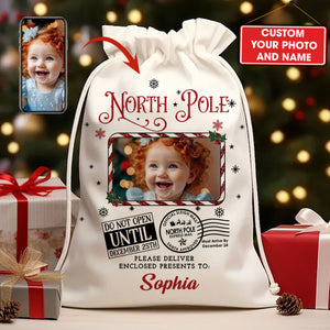 North Pole Delivery For Custom Photo And Name, Personalized String Bag, Christmas Gift