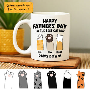 Happy Father Day To The Best Cat Dad, Paws Down - Custom Cat Hand And Name, Personalized White Mug