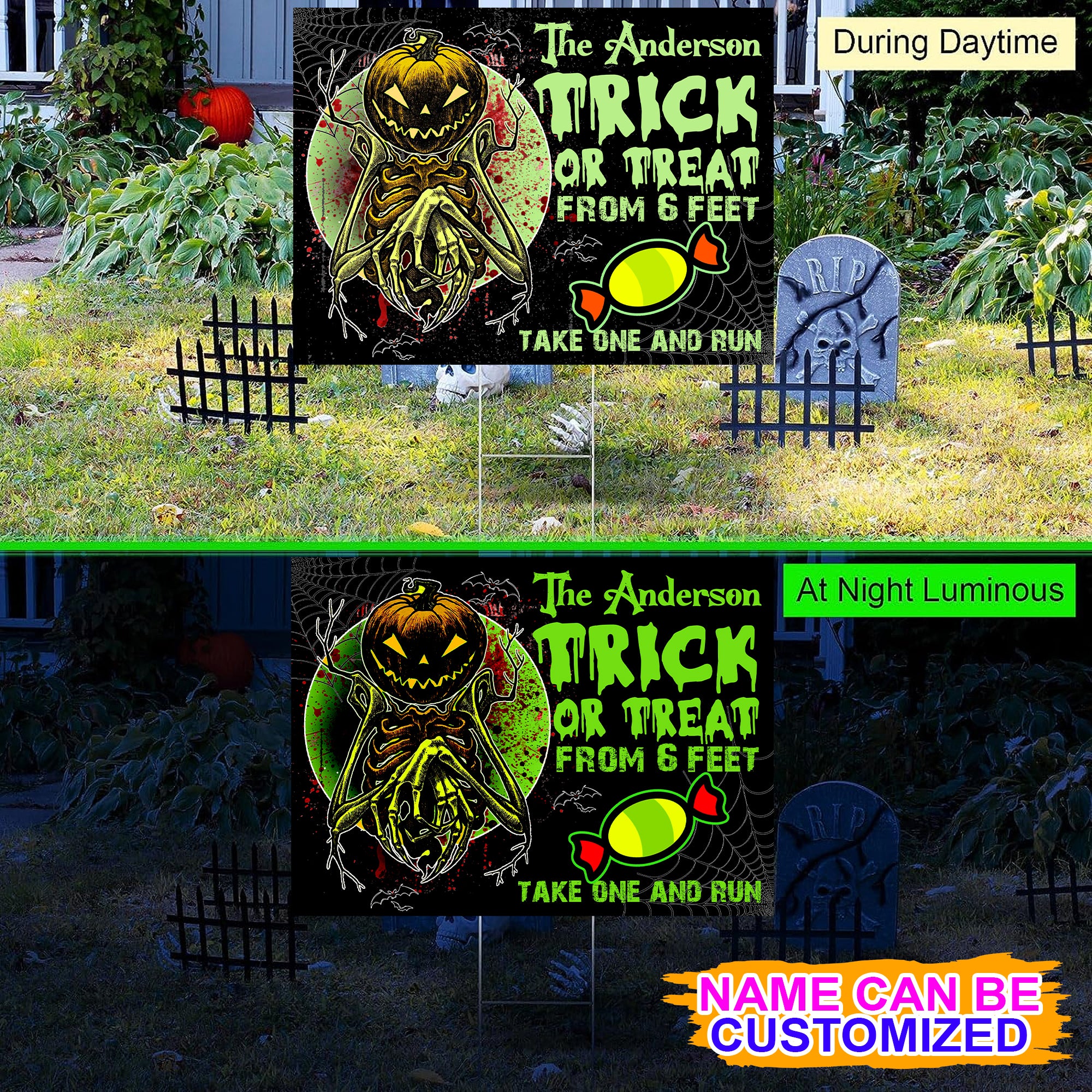 Trick Or Treat From 6 Feet Take One And Run - Personalized Halloween Neon Lawn Sign, Yard Sign, Halloween Gift