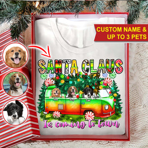 Santa Claus Pet On Car - Custom Photo And Name - Personalized T-Shirt, Gift For Pet Lover