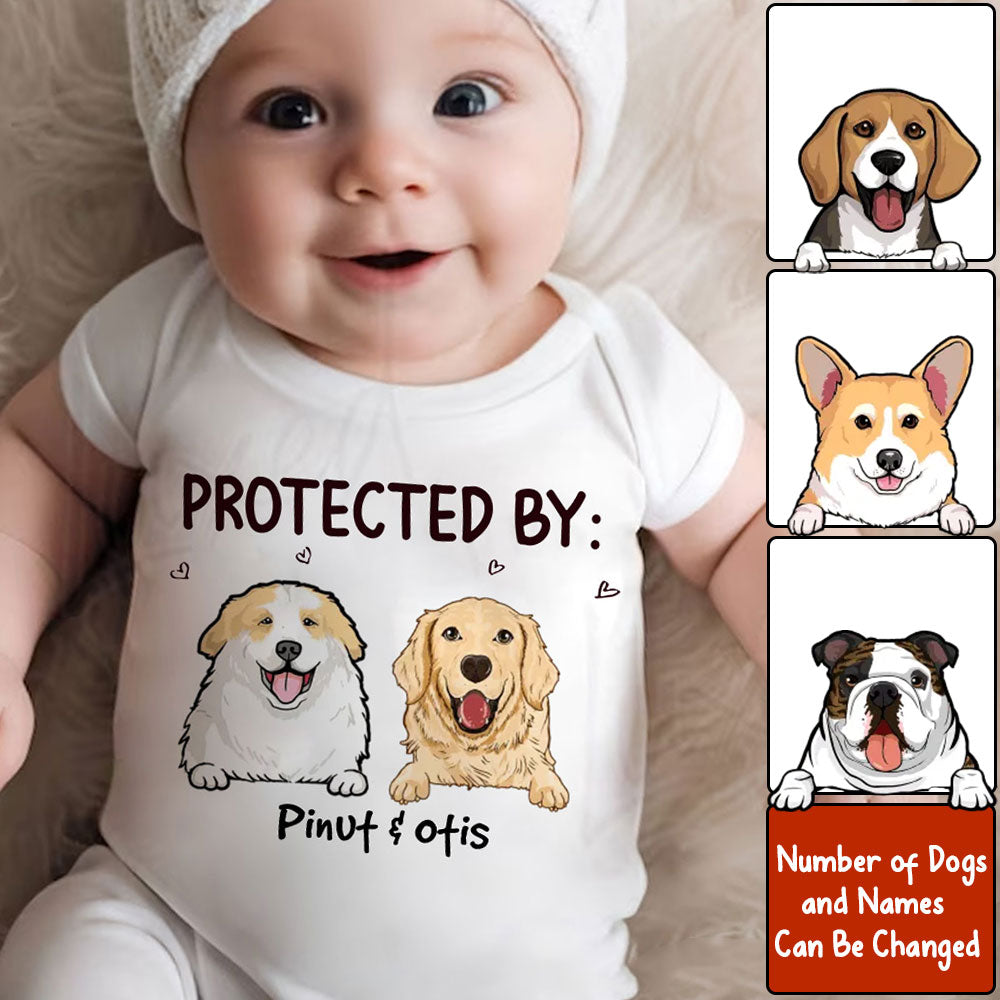 This Baby Protected By Peeking Dogs - Custom Pet And Name - Personalized Baby Onesie - Gift For Pet Lover