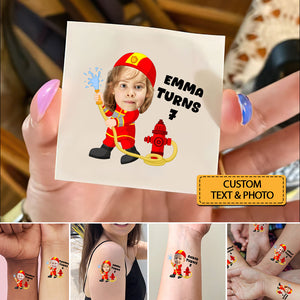 Fireman Kid, Custom Face Photo And Texts Temporary Tattoo, Personalized Tattoo, Fake Tattoo