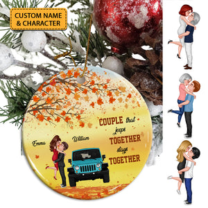 Couple That Jeeps Together Stays Together , Custom Appearances And Names- Personalized Ceramic Ornament - Gift For Couple