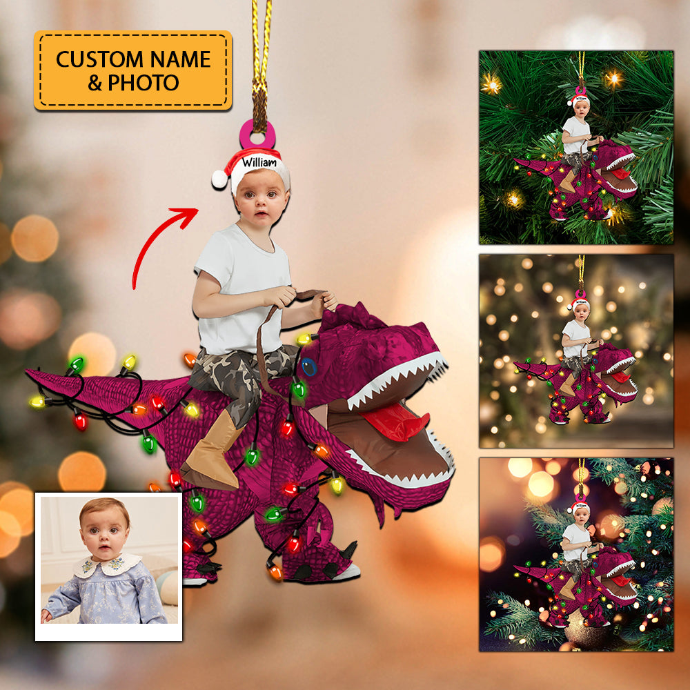 Kid Riding Dinosaur - Christmas Gift For Family, Custom Photo And Name - Personalized Acrylic Ornament