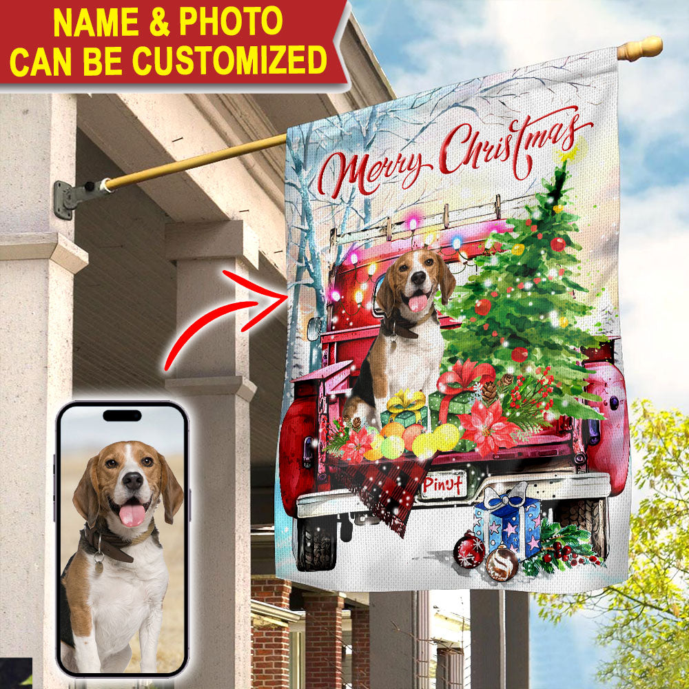 Merry Christmas - Personalized Pet Photo And Name Flag - Christmas Gift, Gift For Pet Lovers