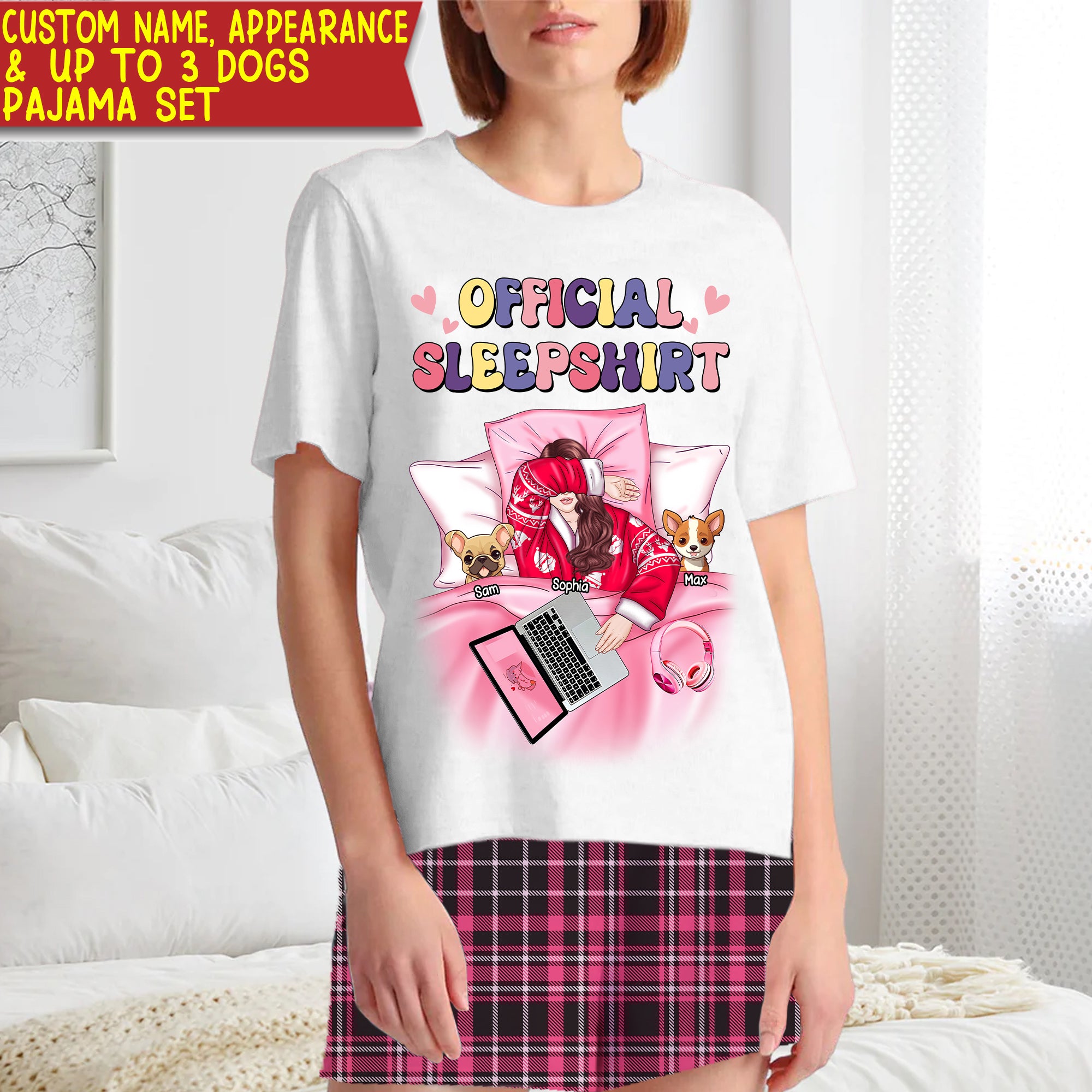 Official Sleepshirt Woman & Dogs- Custom Appearances And Names - Personalized Pajamas Set