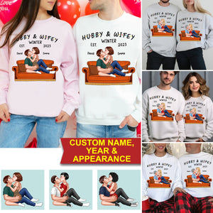 Hubby & Wifey Winter - Custom Appearance And Names - Personalized Sweatshirt - Gift For Him, Gift For Her