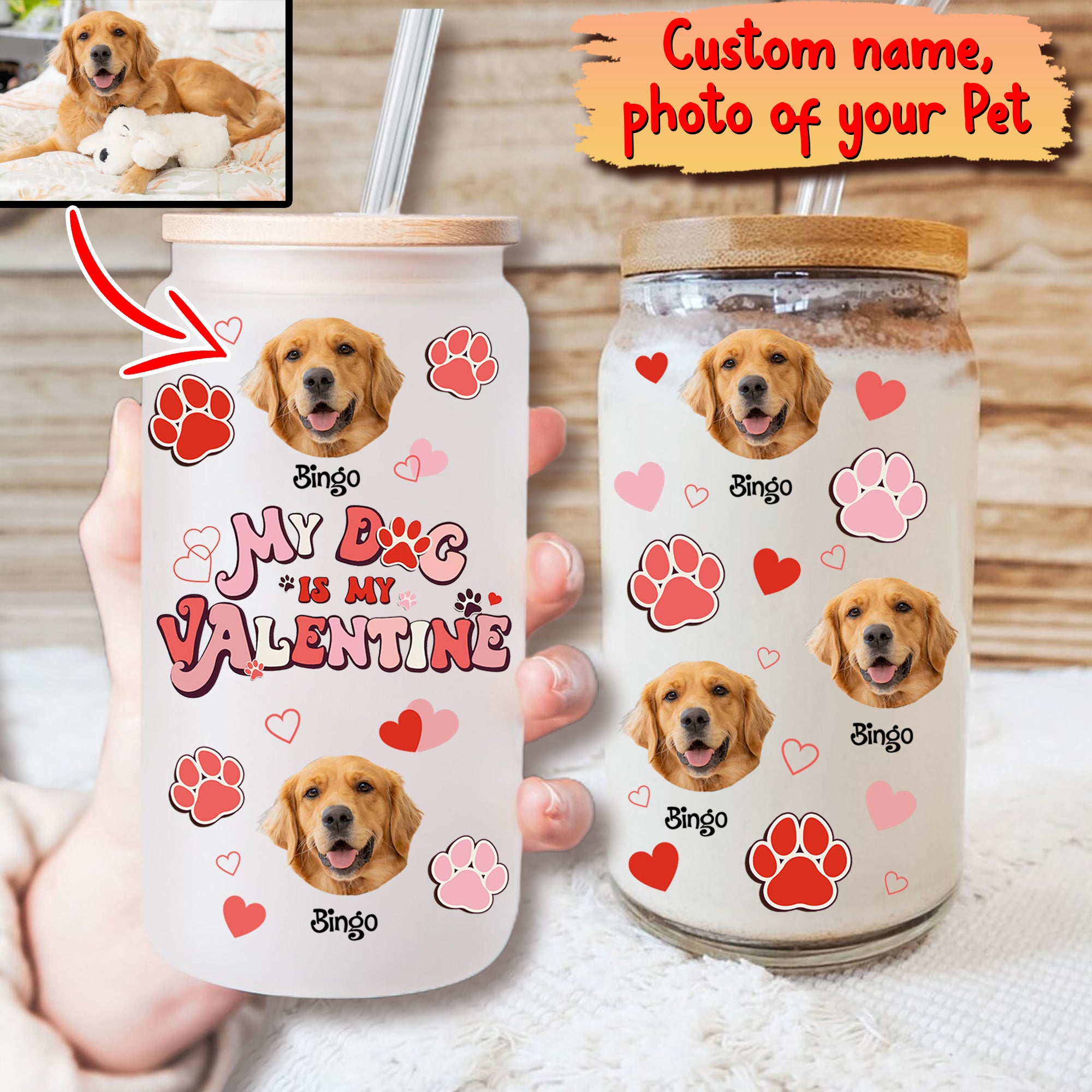 My Dog Is My Valentine - Cutie Puppy - Custom Photo And Name - Personalized Glass Bottle, Frosted Bottle, Gift For Pet Lover