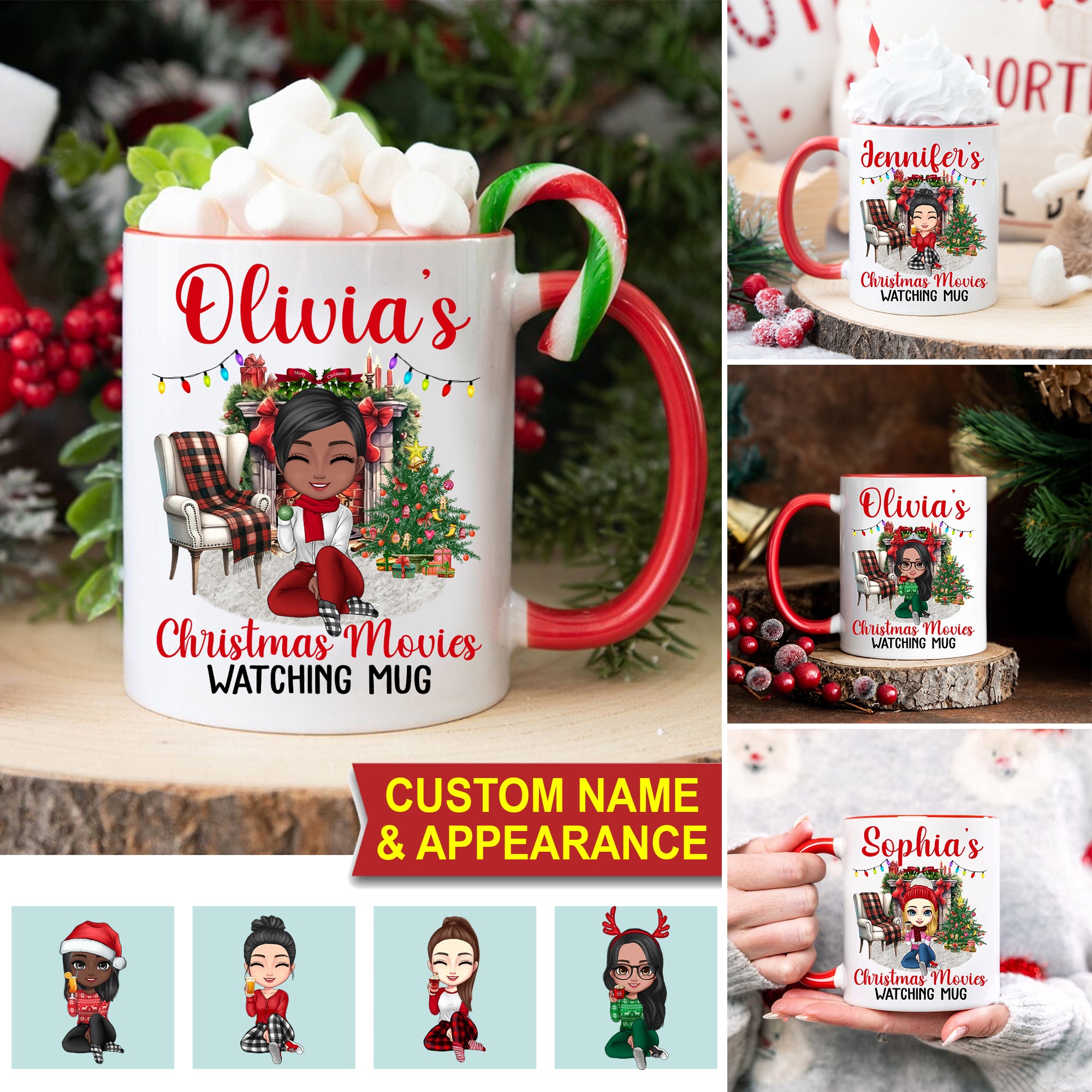 Woman Christmas Movies Watching Mug - Custom Appearances And Names, Personalized Mug, Christmas Gift