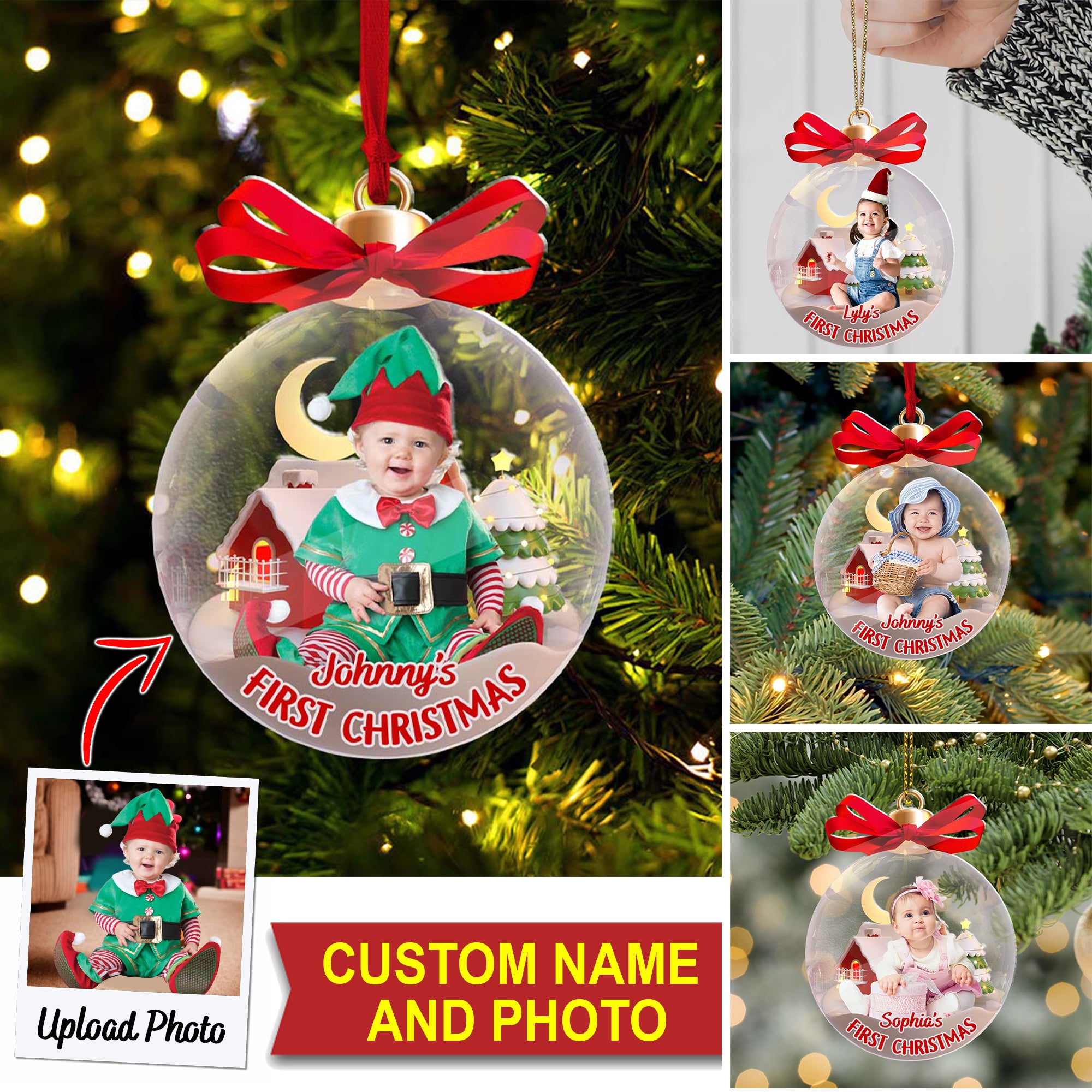 Baby First Christmas, Christmas Decor Custom Photo And Name - Personalized Acrylic Ornament - Gift For Family