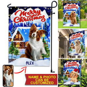 Merry Christmas Pet And Snow House - Custom Pet Photo And Name Flag - Christmas Gift, Gift For Pet Lovers