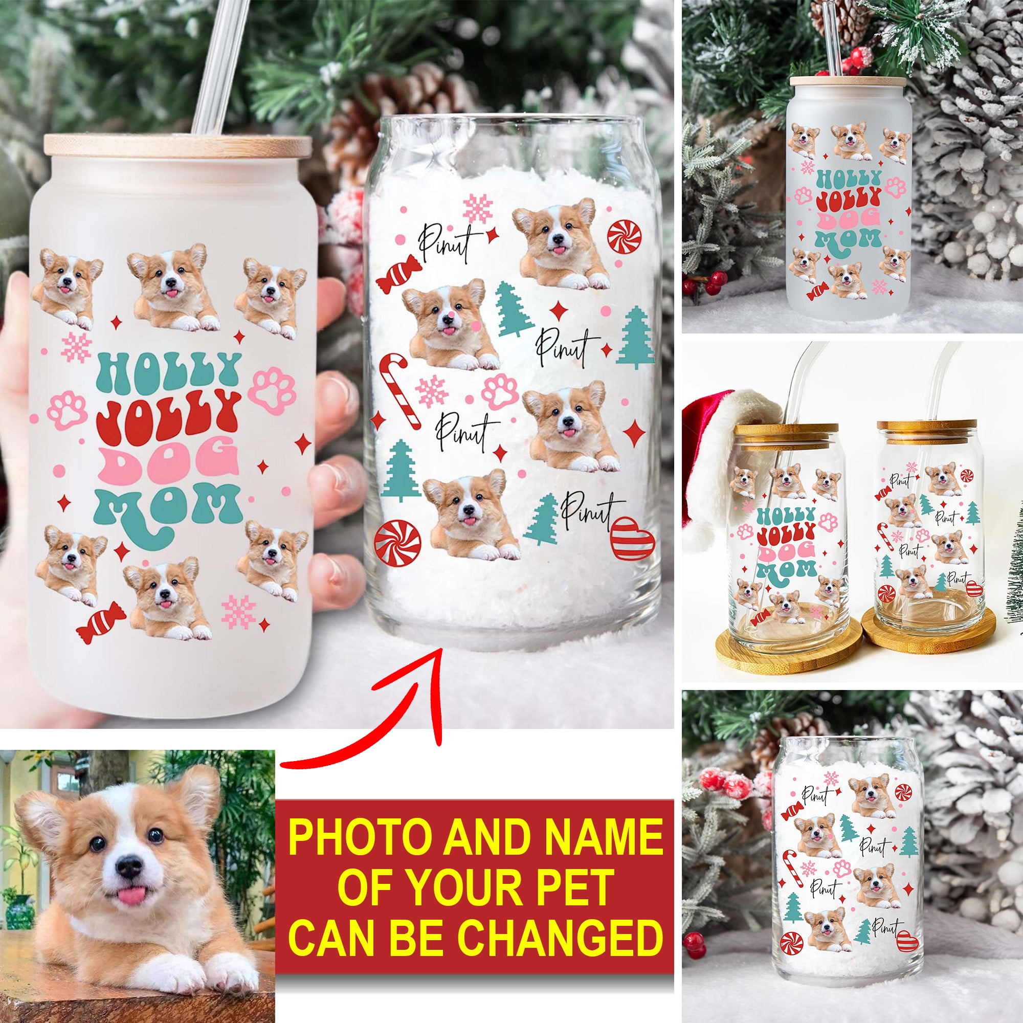 Holly Jolly Dog Mom - Cutie Puppy Christmas - Custom Photo And Name - Personalized Glass Bottle, Frosted Bottle, Gift For Pet Lover