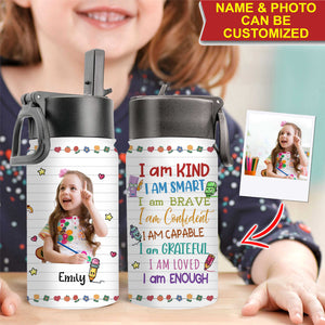 Custom 'I Am' Water Bottle for Kids, Custom Photo And Name - Personalized Kids Water Bottle With Straw Lid