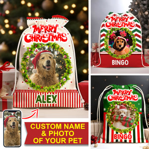 Merry Christmas - Custom Background, Photo And Name, Personalized String Bag, Gift For Pet Lover, Christmas Gift