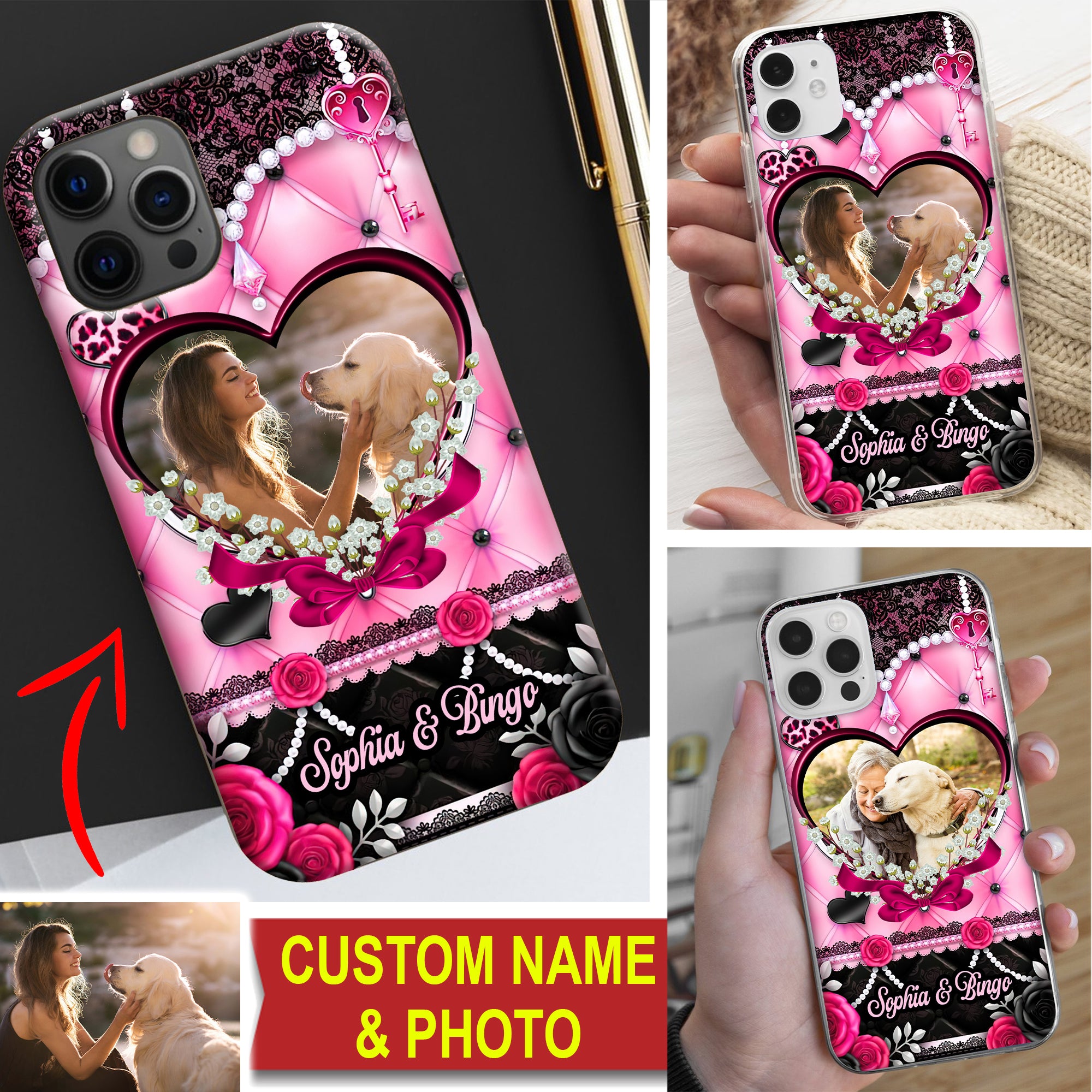 Black Pink Heart Pet Photo - Custom Photo And Name - Personalized Phone Case, Gift For Pet Lover, Gift For Family