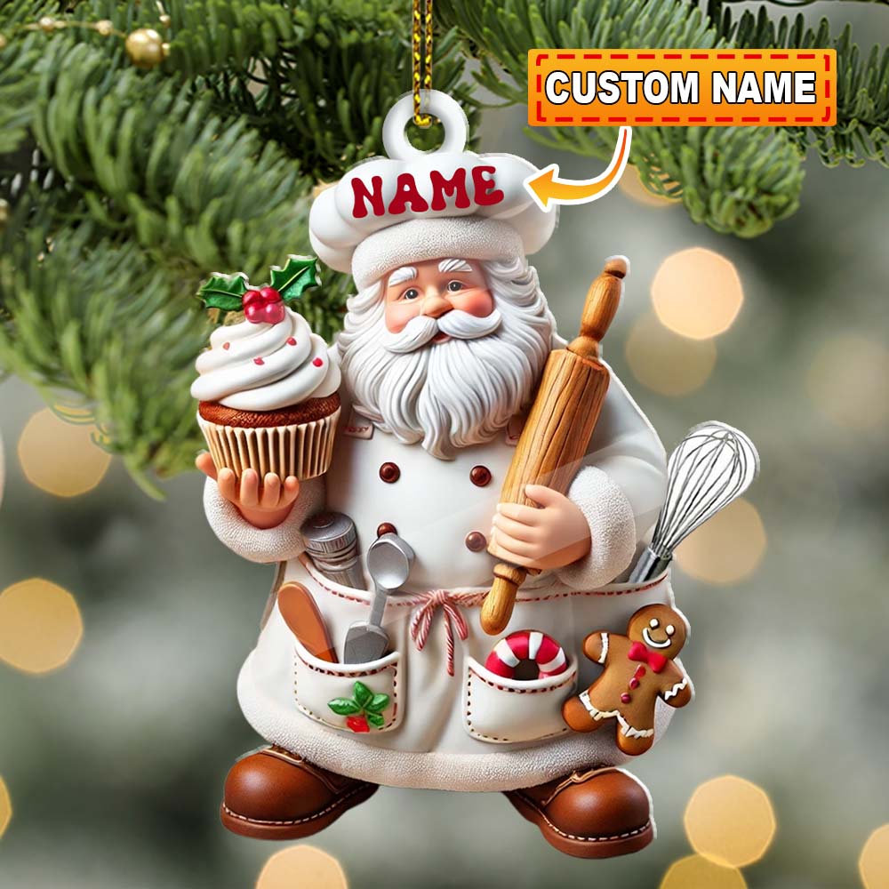 Custom Name Ornament, Santa Baker Cup Cake