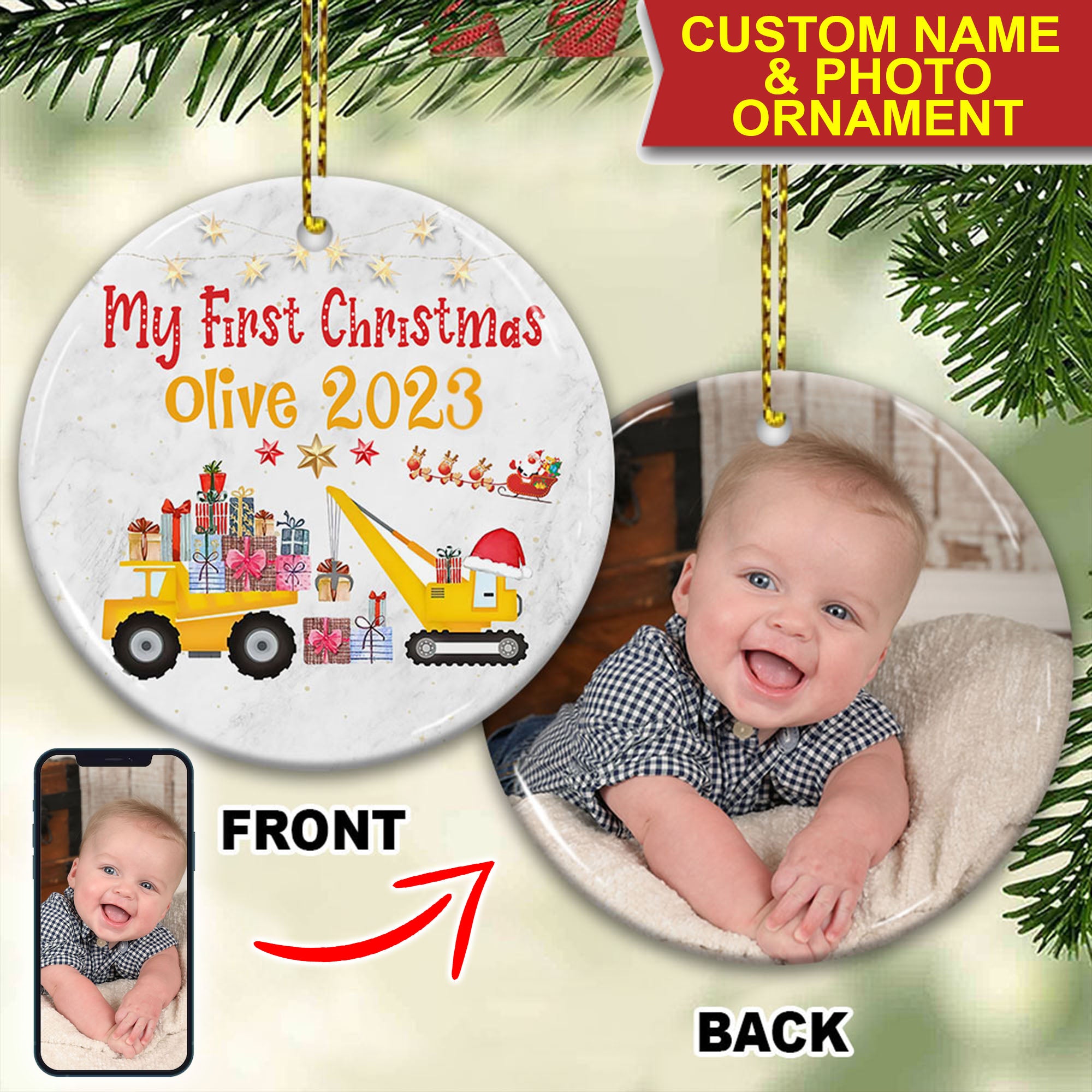 Baby First Xmas, My First Christmas - Custom Photo And Name- Personalized 2 Sides Ceramic Ornament - Gift For Family, Christmas Gift
