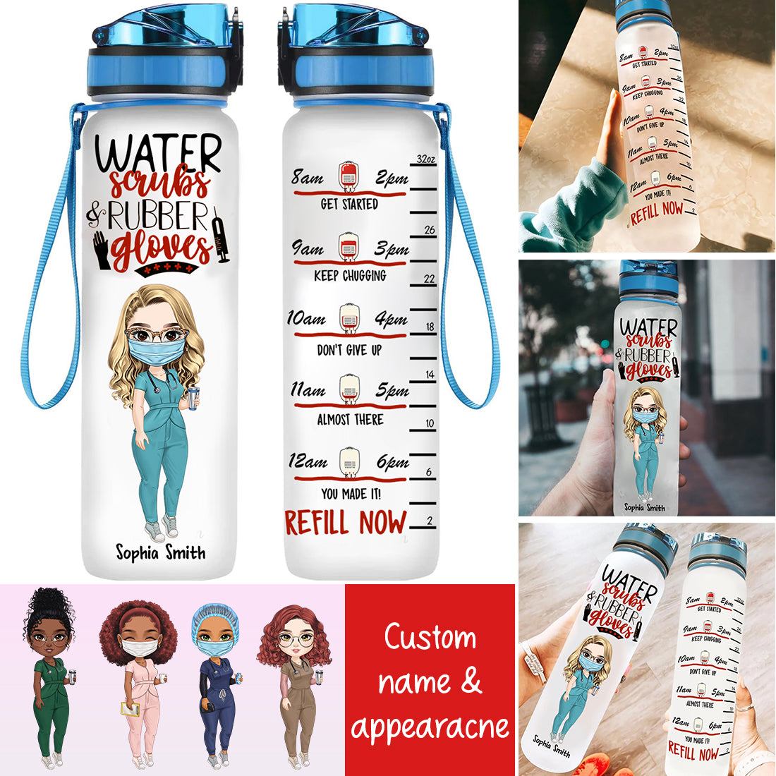 Water Scrubs And Rubber Gloves, Custom Nurse Appearance And Name, Personalized Tracker Bottle