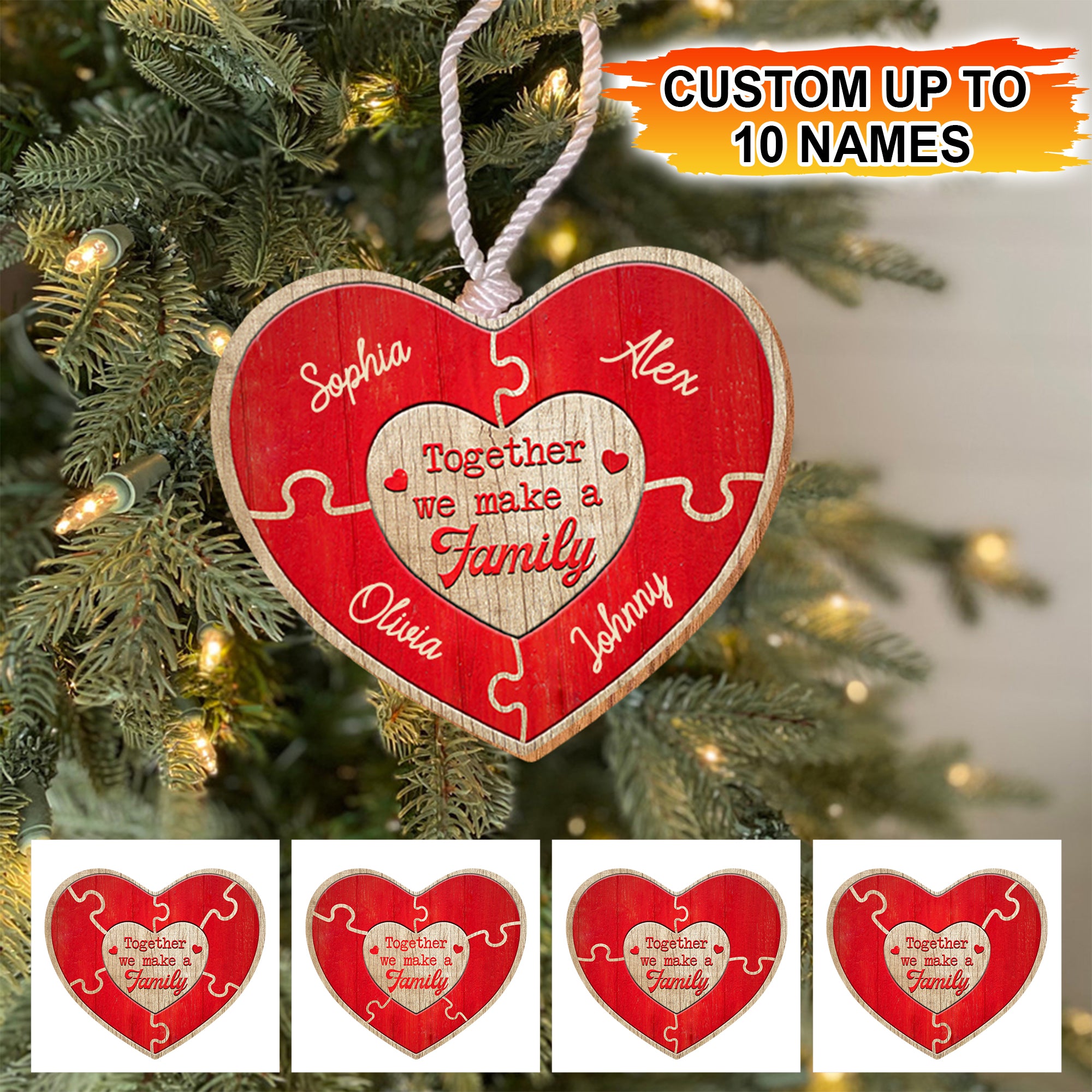 Heart Family, Custom Name In Heart - Personalized Custom Shaped Wooden Ornament - Gift For Family, Christmas Gift