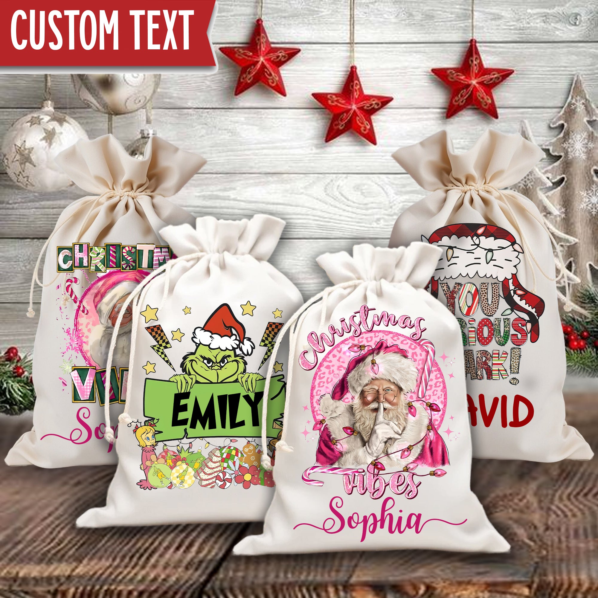 Christmas Decor Gift, Custom Background And Name, Personalized String Bag, Christmas Gift